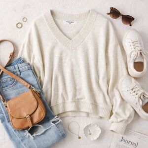 Project Social T Cream Oversized V-Neck Sweatshirt Pullover Lounge Top | Large